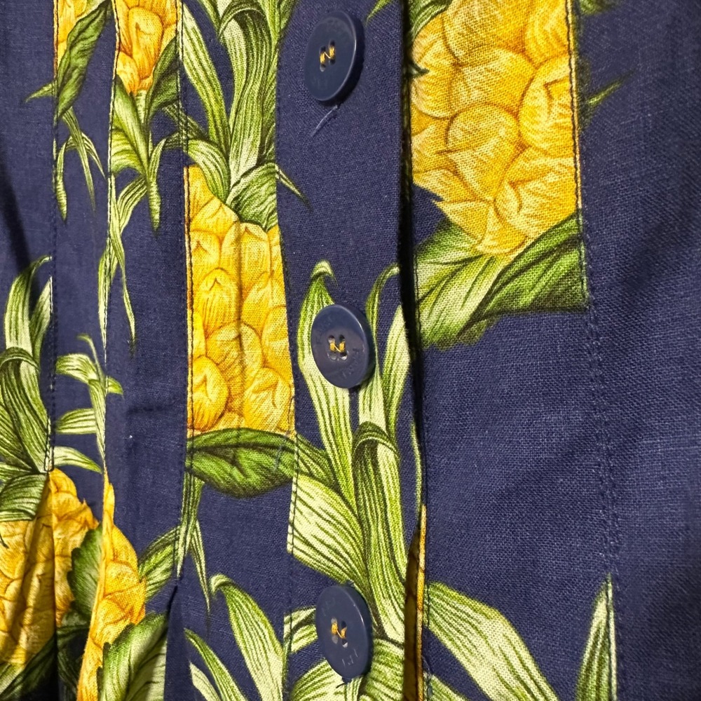 NWT Farm Rio Navy Blue Pineapple Print Puff Sleeve Mini Pleated Dress Sz S Linen - Picture 5 of 9
